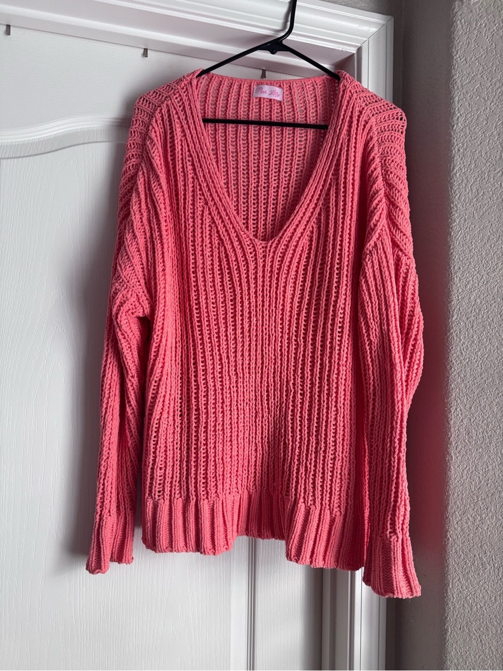 Pink Lily Coral Pink V-Neck Chunky Knit Sweater